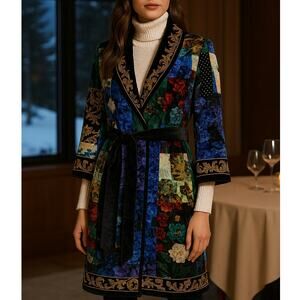 Alice + Olivia Eilene Tie Waist Velvet Kimono Petals Patchwork Multi Color Coat